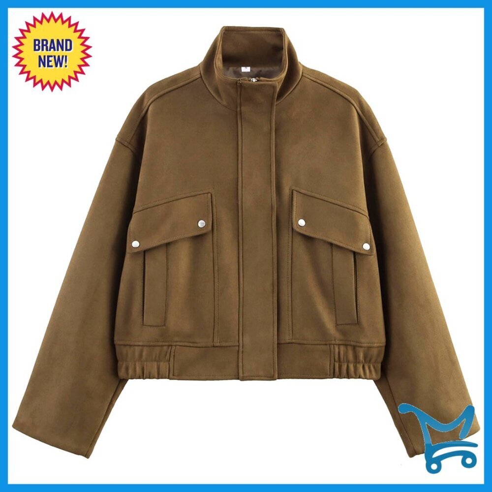 Suede Cropped Bomber Jacket High Neck Zipper Streetwear Outerwear with Pockets